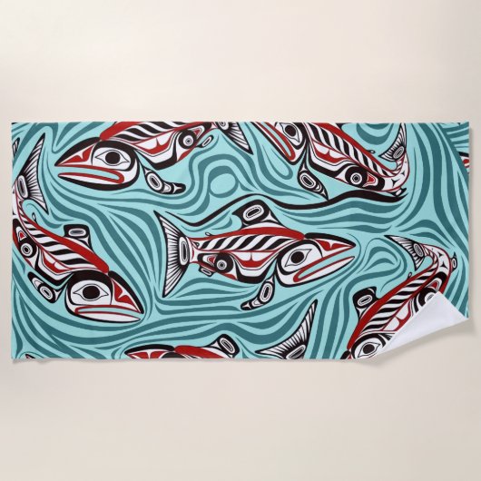 Lachs Haida Art Spirit Pacific Native Strandtuch (Vorderseite)
