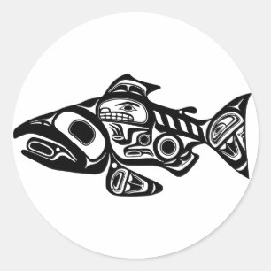 Lachs im indianischen Design Runder Aufkleber