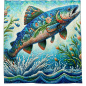 Lachs Jumping Mosaic Floral Blue Green Peach Duschvorhang (Vorderseite)