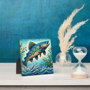 Lachs Jumping Mosaic Floral Blue Green Peach Fotoplatte