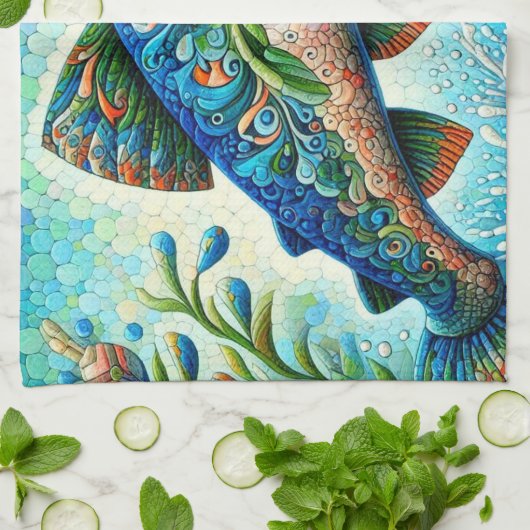 Lachs Jumping Mosaic Floral Blue Green Peach Geschirrtuch (Gefaltet)