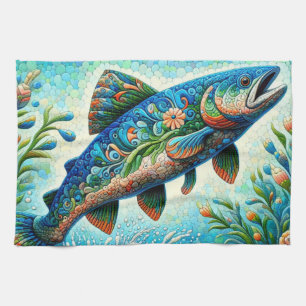 Lachs Jumping Mosaic Floral Blue Green Peach Geschirrtuch