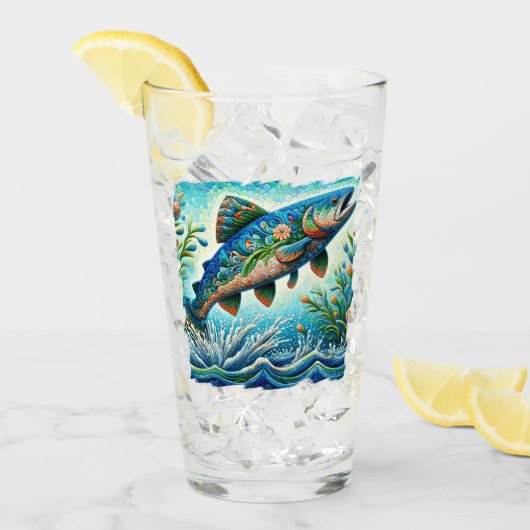 Lachs Jumping Mosaic Floral Blue Green Peach Glas (Vorderseite Ice)