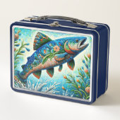 Lachs Jumping Mosaic Floral Blue Green Peach Metall Brotdose (Vorderseite)