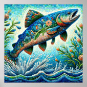 Lachs Jumping Mosaic Floral Blue Green Peach Poster (Vorne)