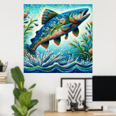 Lachs Jumping Mosaic Floral Blue Green Peach Poster (Heimbüro)