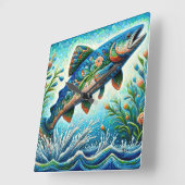 Lachs Jumping Mosaic Floral Blue Green Peach Quadratische Wanduhr (Winkel)