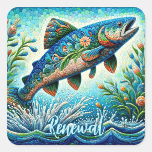 Lachs Jumping Mosaic Floral Blue Green Peach Quadratischer Aufkleber