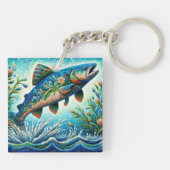 Lachs Jumping Mosaic Floral Blue Green Peach Schlüsselanhänger (Rückseite)