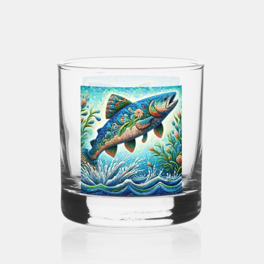 Lachs Jumping Mosaic Floral Blue Green Peach Whiskyglas (Vorderseite)