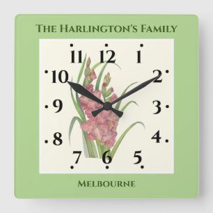 Lachs Peach Gladioli Aquarellbilder Quadratische Wanduhr