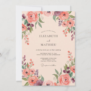 Lachs-Pflaume-Wildblumen-Hochzeit Einladung