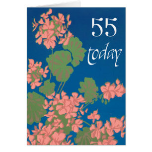 Lachs Pink Geraniums auf Deep Blue, 55. Geburtstag