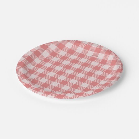 Lachs Pink Gingham Karierte Papierplatte Pappteller (Schrägansicht)