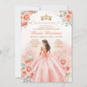 Lachs Pink Peach Princess Floral Gold Quinceañera Einladung (Vorderseite)
