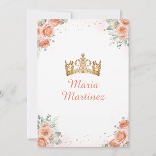 Lachs Pink Peach Princess Floral Gold Quinceañera Einladung (Rückseite)