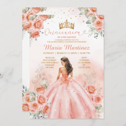Lachs Pink Peach Princess Floral Gold Quinceañera Einladung (Vorne/Hinten)