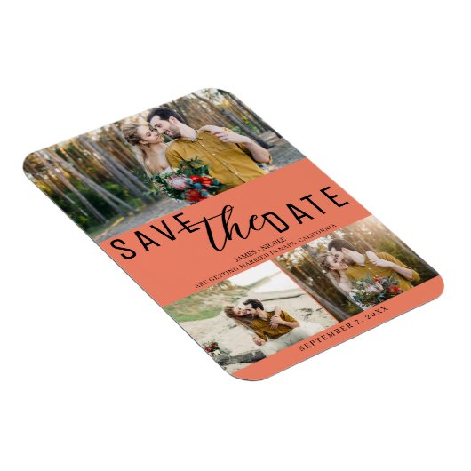 Lachs Pink Save the Date Hochzeit 3 Fotos Magnet (Rechte Seite)