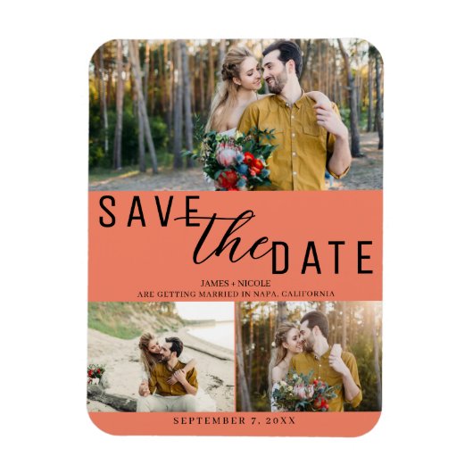 Lachs Pink Save the Date Hochzeit 3 Fotos Magnet (Vertikal)