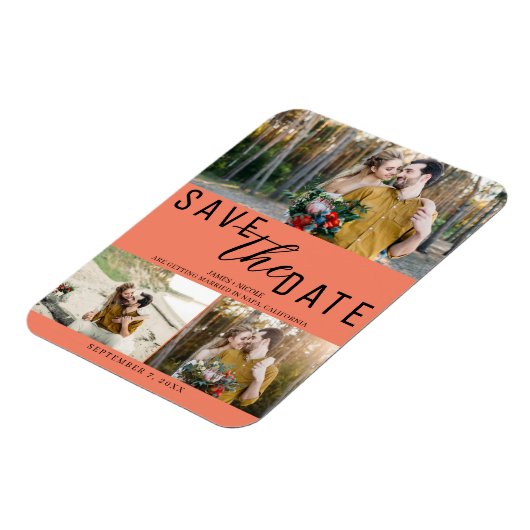 Lachs Pink Save the Date Hochzeit 3 Fotos Magnet (Linke Seite)