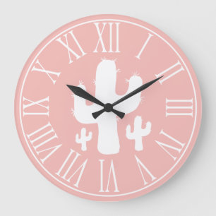 Lachs Pink & White Cactus Silhouette Große Wanduhr