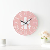 Lachs Pink & White Cactus Silhouette Große Wanduhr (Zuhause)
