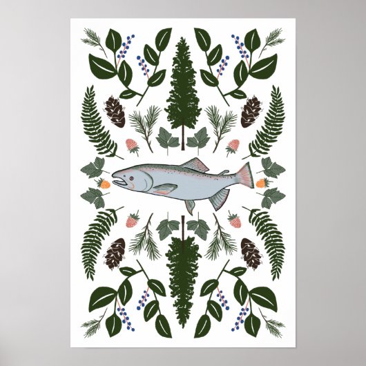 Lachs PNW Nature Fir Ferns Berries Forest Forage Poster (Vorne)