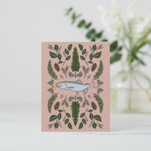 Lachs PNW Nature Fir Ferns Berries Fressfest Postkarte (Stehend Vorderseite)