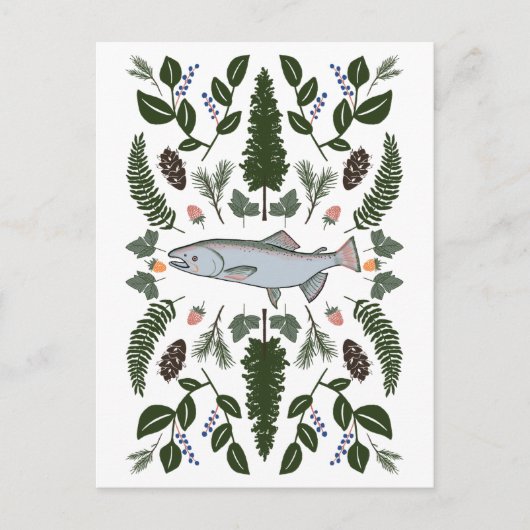 Lachs PNW Nature Fir Ferns Berries Fressfest Postkarte (Vorderseite)