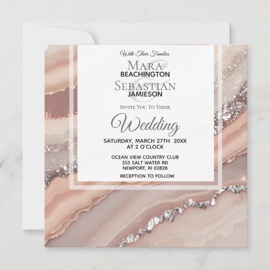 *~* Lachs QR Peach SILVER AGATE UAWG AR66 Wedding Einladung (Vorderseite)