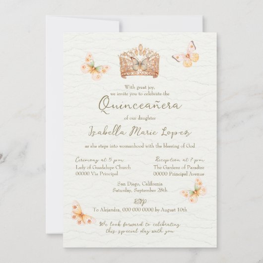 Lachs Rosa Kleidung Schmetterlinge Elegant Quincea Einladung (Rückseite)