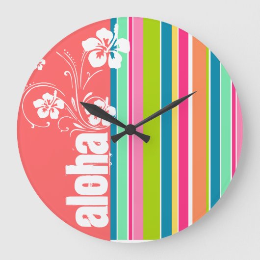 Lachs Rosa und Meeresgrund Streifen: Aloha Große Wanduhr (Vorderseite)
