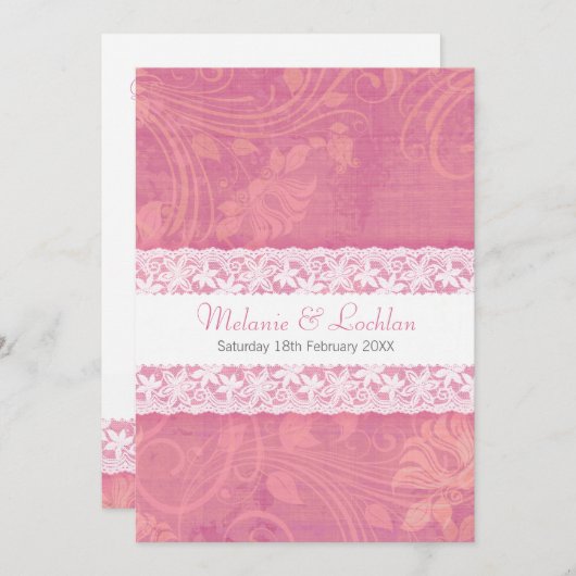 Lachs Rosa weiße Spitze formelle Hochzeitseinladun Einladung (Vorne/Hinten)