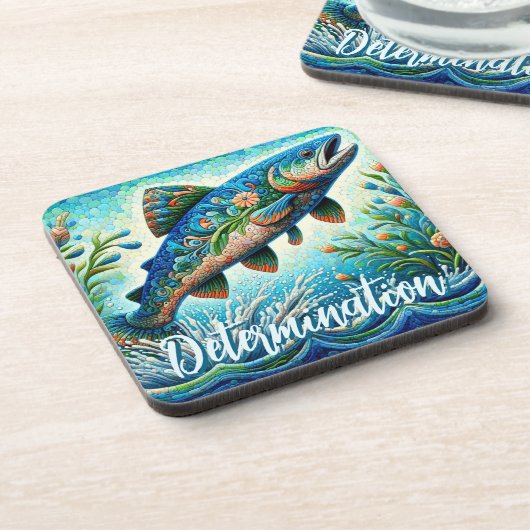 Lachs Springender Mosaik Blumen Blau Personalisier Getränkeuntersetzer (Linke Seite)
