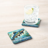 Lachs Springender Mosaik Blumen Blau Personalisier Getränkeuntersetzer (Rechte Seite)