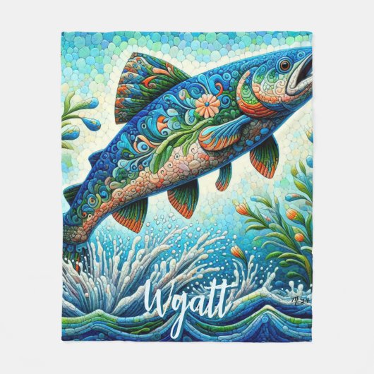 Lachs Springender Mosaik-Blumenmuster Blau Persona Fleecedecke (Vorderseite)