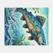 Lachs Springender Mosaik-Blumenmuster Blau Persona Fleecedecke (Vorderseite (Horizontal))