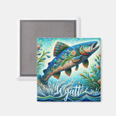Lachs Springender Mosaik-Blumenmuster Blau Persona Magnet (Vorderseite/Rückseite)
