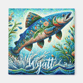 Lachs Springender Mosaik-Blumenmuster Blau Persona Magnet (Vorne)