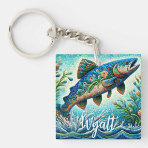 Lachs Springender Mosaik-Blumenmuster Blau Persona Schlüsselanhänger