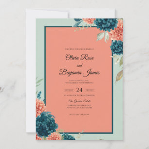 Lachs-Teal-Zinnia-Eucalyptus-Hochzeit Einladung