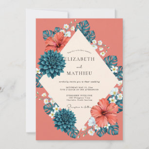 Lachs-Tropischer-Hibiskus-Eukalyptus-Hochzeit Einladung