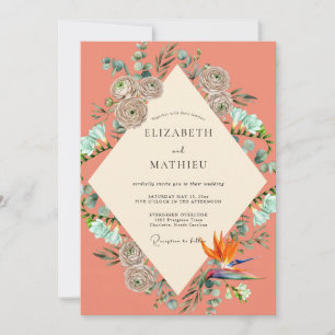 Lachs-Türkis-Tropische-Eukalyptus-Hochzeit Einladung