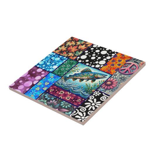 Lachs Verrückte Patchwork-Blumen-Whimsical-Bunt Fliese (Seite)