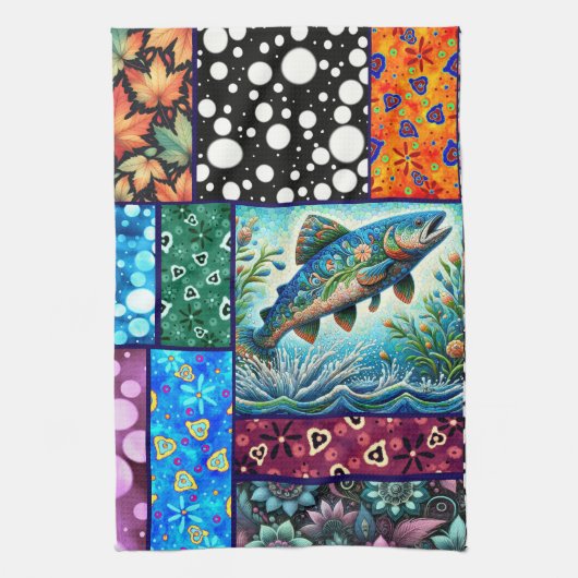 Lachs Verrückte Patchwork-Blumen-Whimsical-Bunt Geschirrtuch (Vertikal)