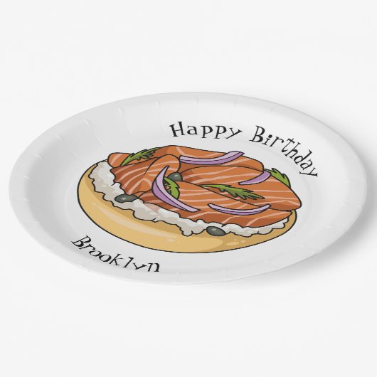 Lachsbagel-Cartoon Pappteller (Schrägansicht)