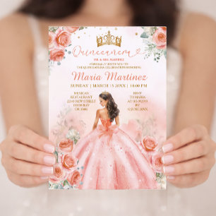 Lachsrosa Pfirsich Prinzessin Floral Gold Quinceañ Einladung