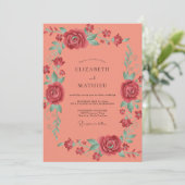 Lachsrosa Rosenhochzeit Einladung (Stehend Vorderseite)