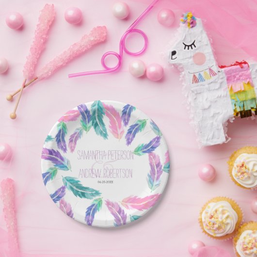 Lackierte Aquarellfedern Hochzeit Pappteller (Party)