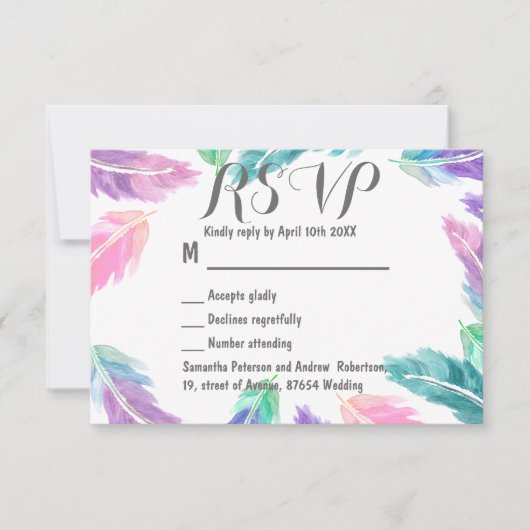 Lackierte Aquarellfedern Hochzeit von RSVP Karte (Vorderseite)